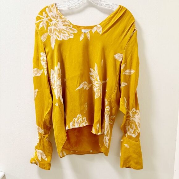 Jane Tops - Jane Yellow Floral Silk Blouse Size M High-Low Hem Long Sleeve